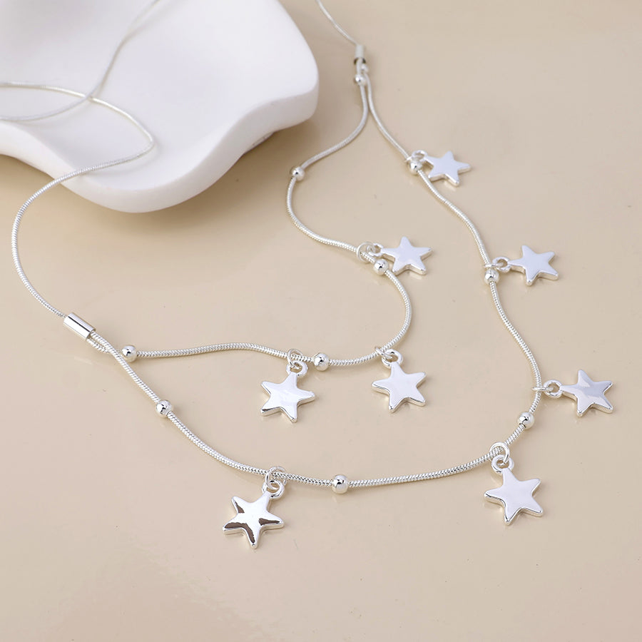 Stardust silver plated double strand star drops necklace