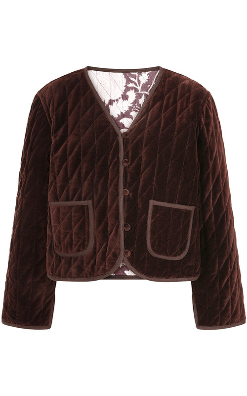Quilted Velvet Jacket Reversible w/Printed Pattern in Chocolate