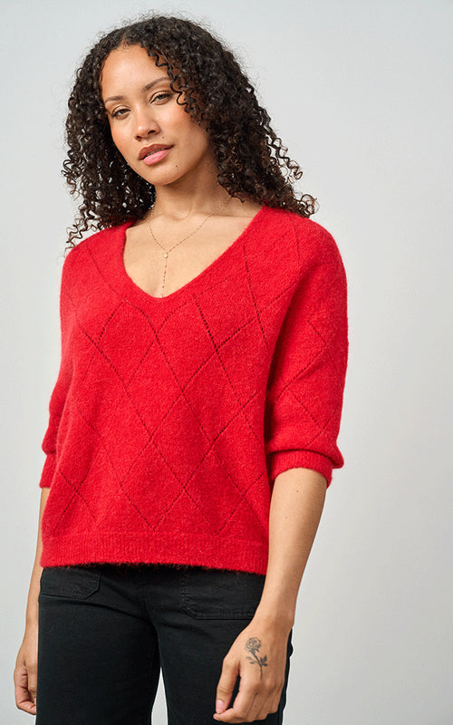 Woman wearing Luella Montrose short-sleeve red alpaca diamond pattern V-neck knit jumper