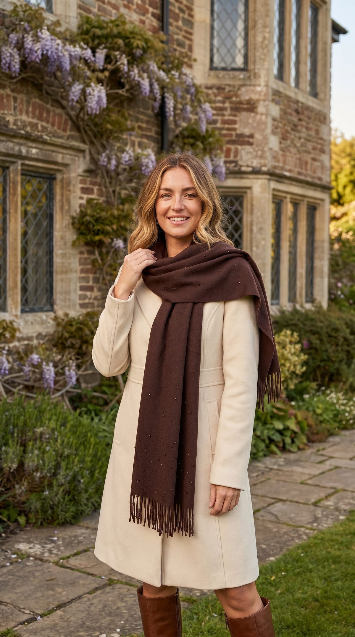 Chocolate Wrap Scarf with Pearl Detailing