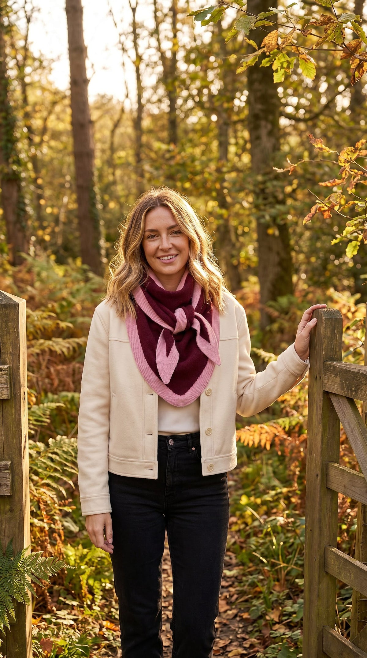 Burgundy Triangle Scarf with Pink Border