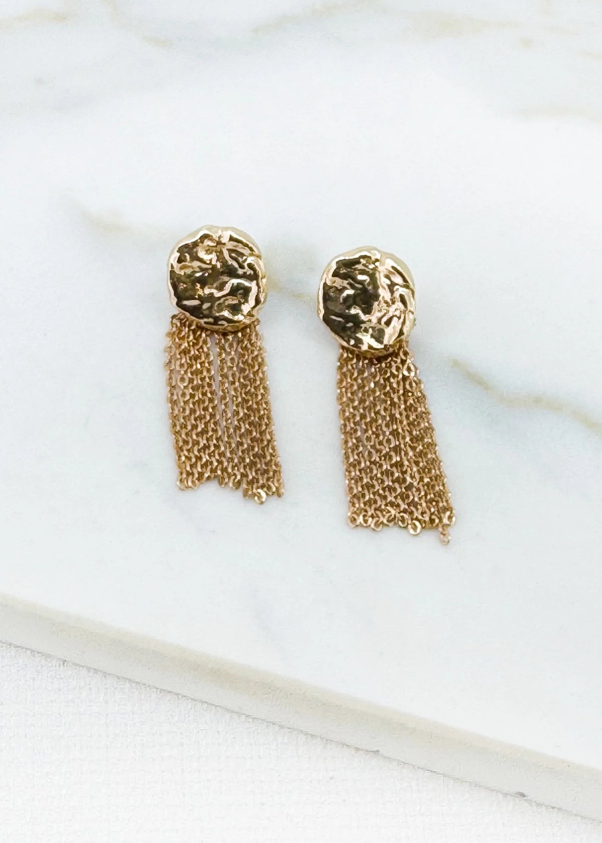 Gold Hammered disc tassel earrings