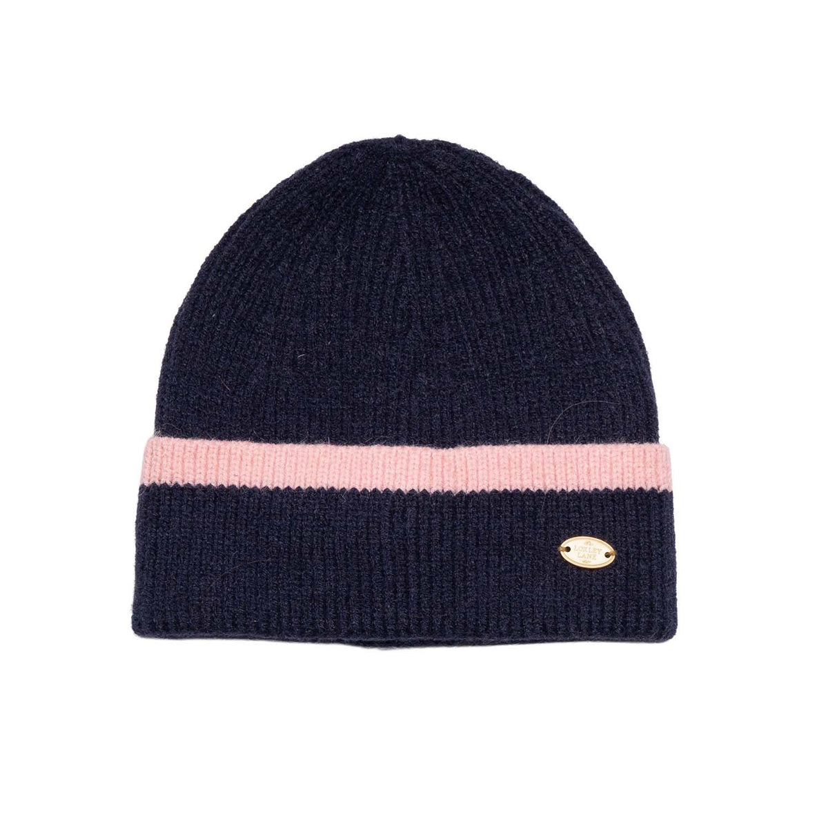 Navy Knitted Beanie Hat with Pink Border