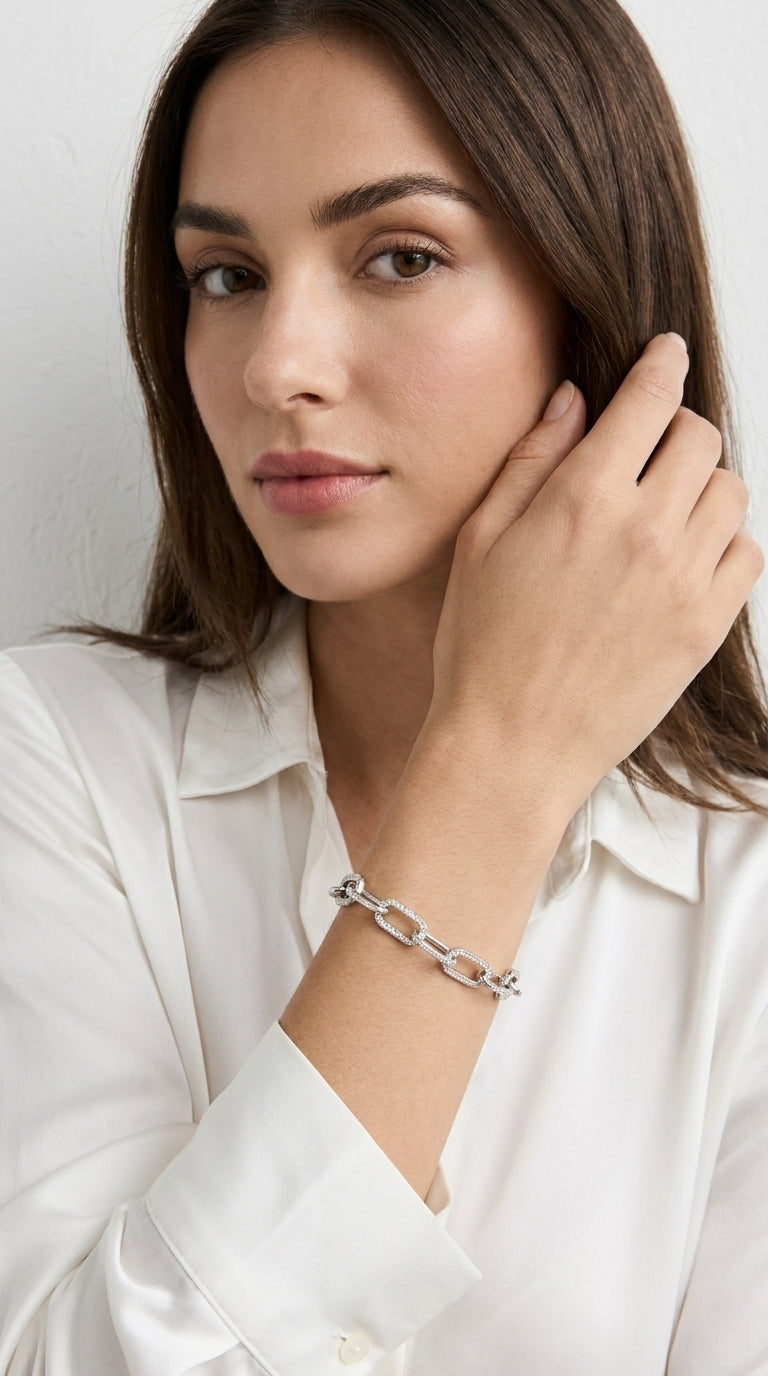 Silver Pave Crystal Paperclip Chain Bracelet
