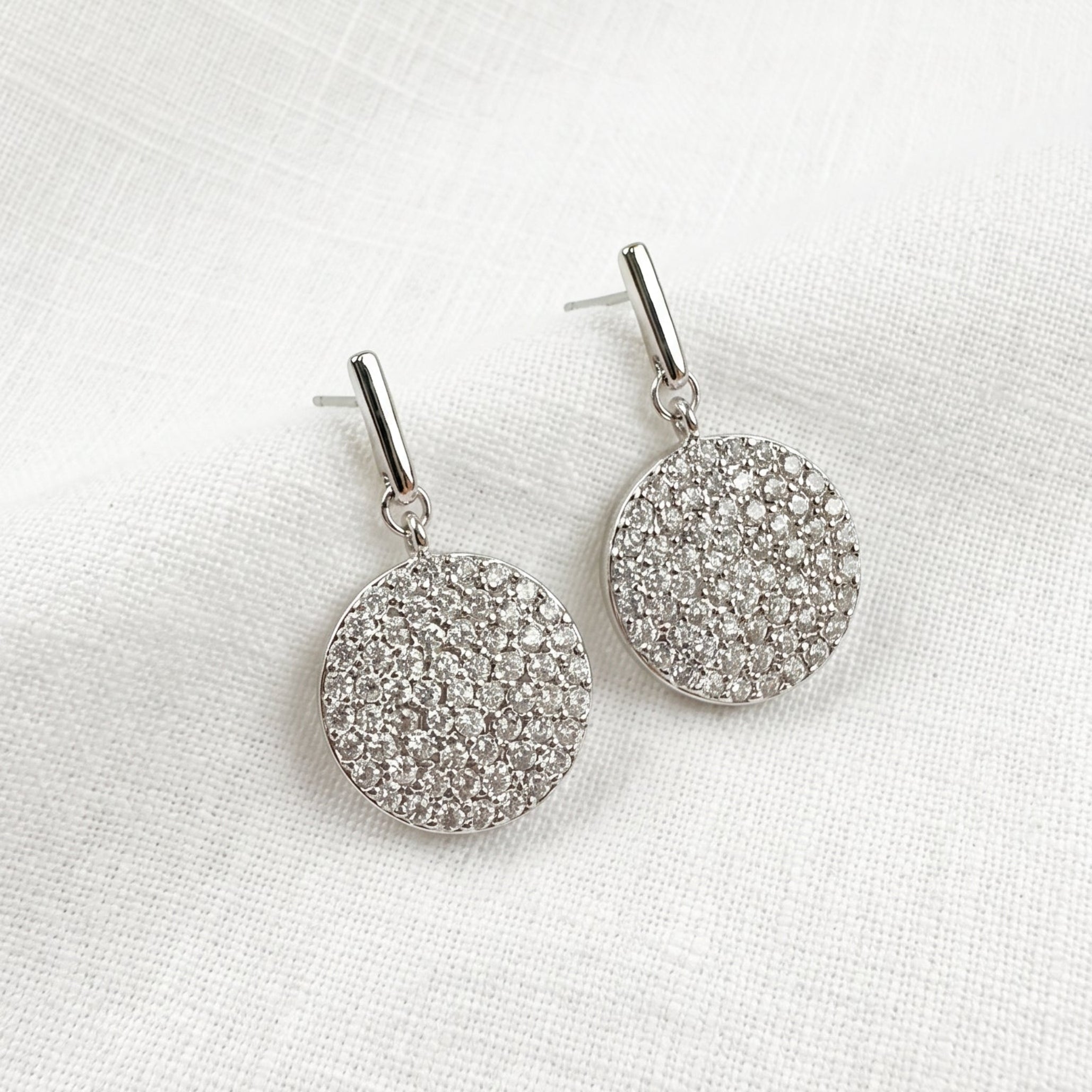 Silver Pave Crystal Disc Drop Earrings