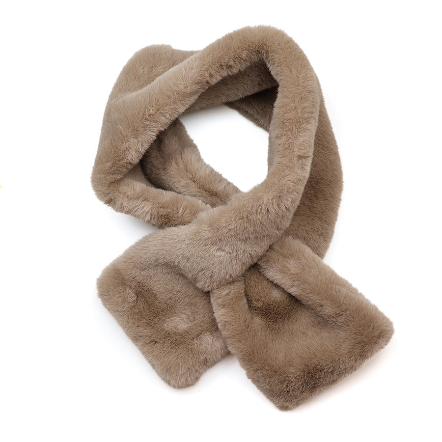 POM Natalia taupe faux fur pull-through scarf styled through itself against a white background, showing the plush, fluffy taupe faux fur fabric and the neat pull-through opening at the front.