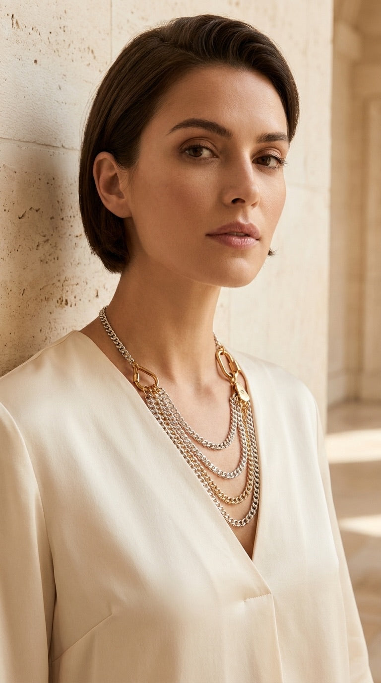 Model wearing Envy two-tone draped multi-chain necklace with cream silk top