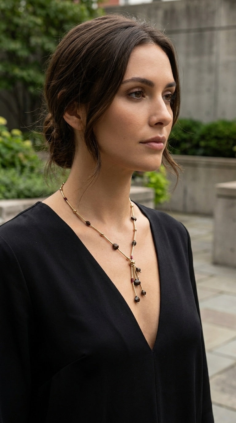 Model wearing Envy smoky stone lariat drop gold necklace with black v-neck top