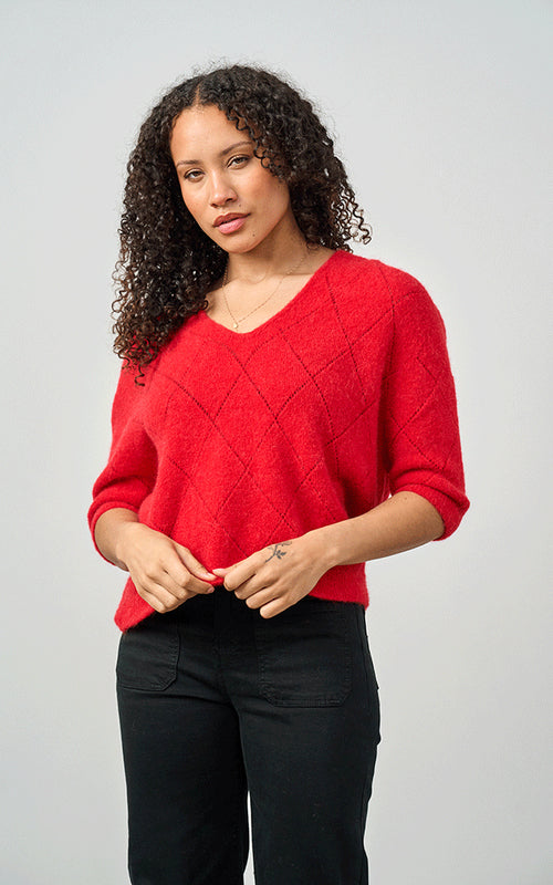 Woman wearing Luella Montrose short-sleeve red alpaca diamond pattern V-neck knit jumper