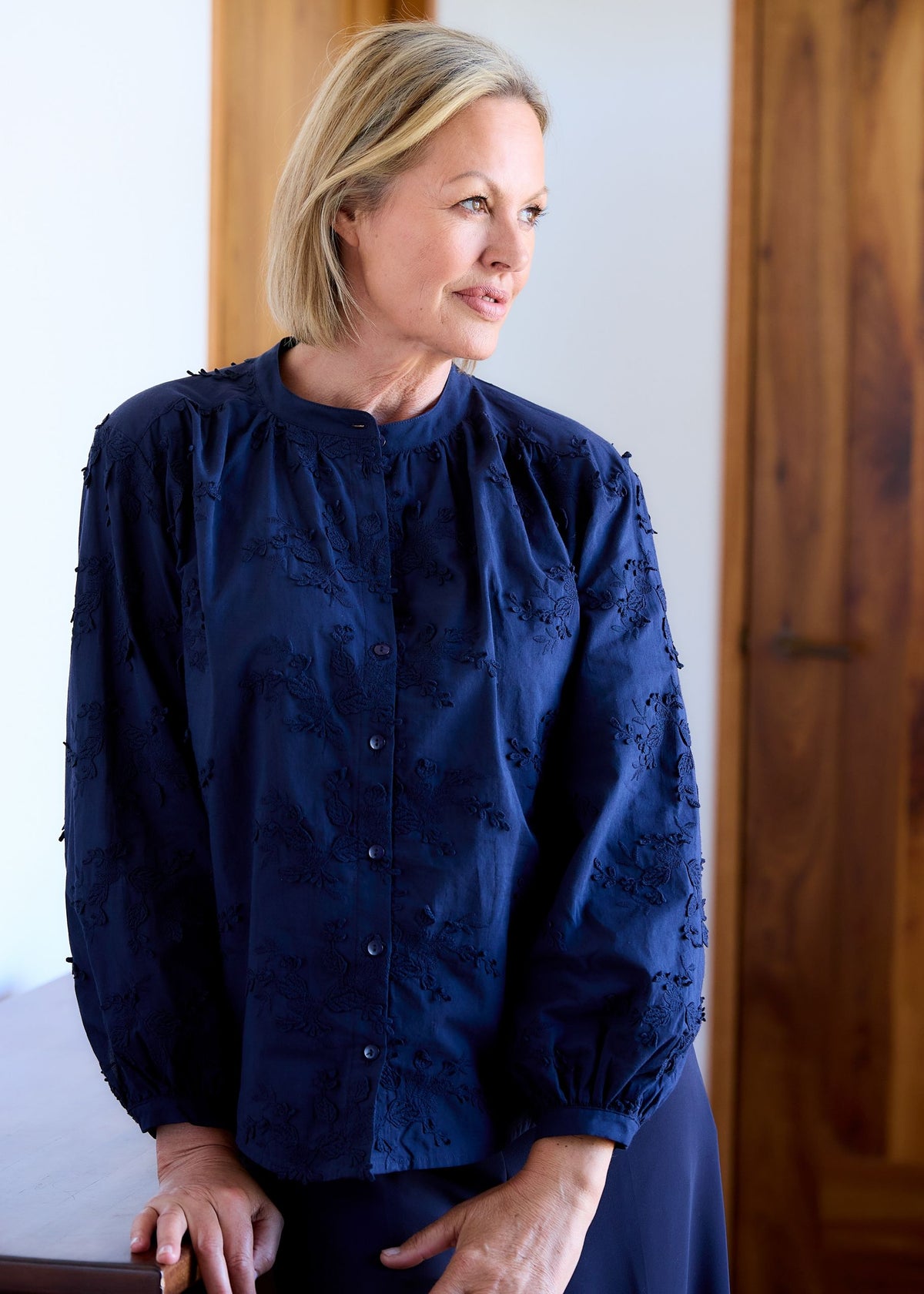Floral Applique Button Through Blouse in Navy