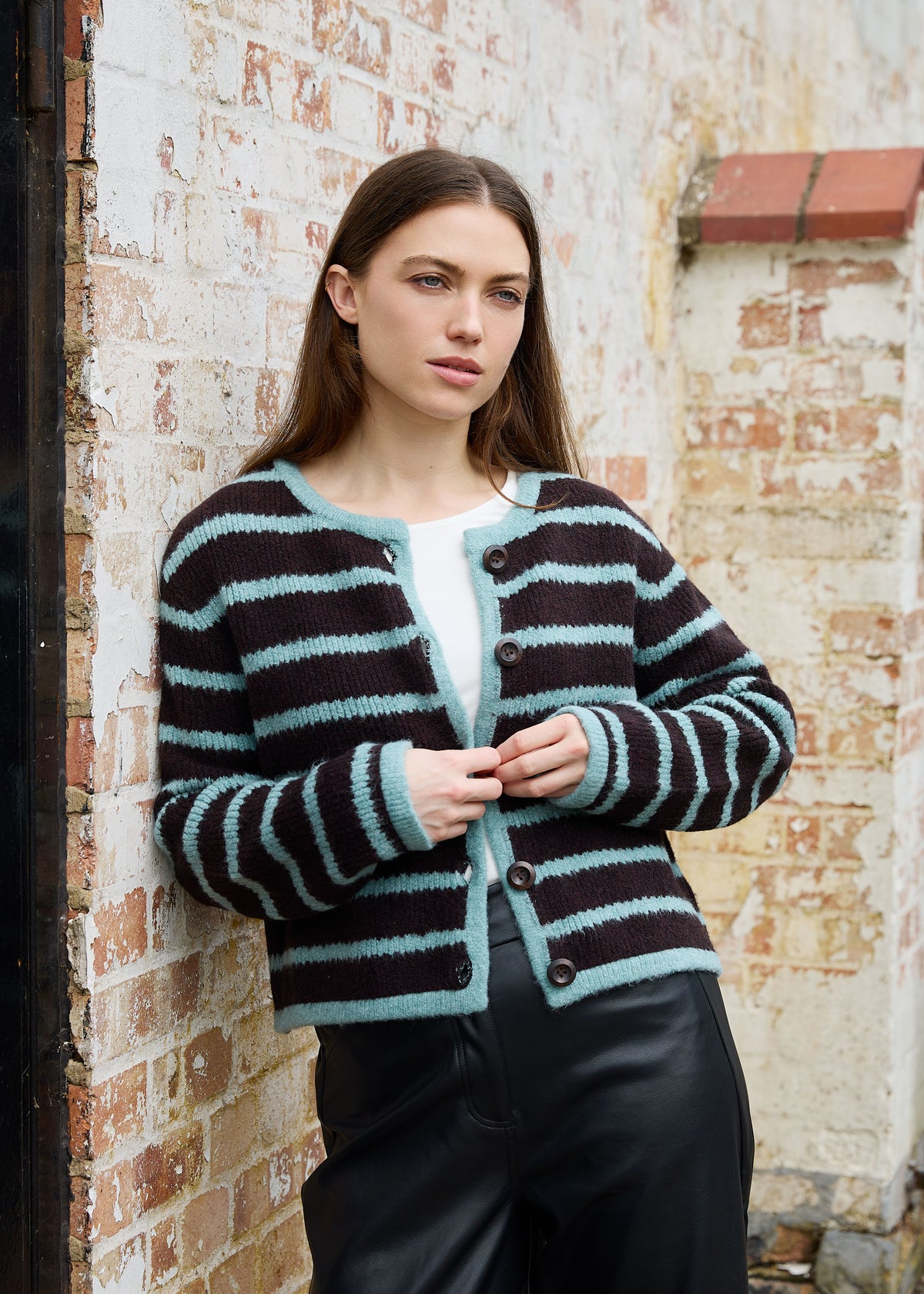 Crew Neck Stripe Cardigan in Chocolate