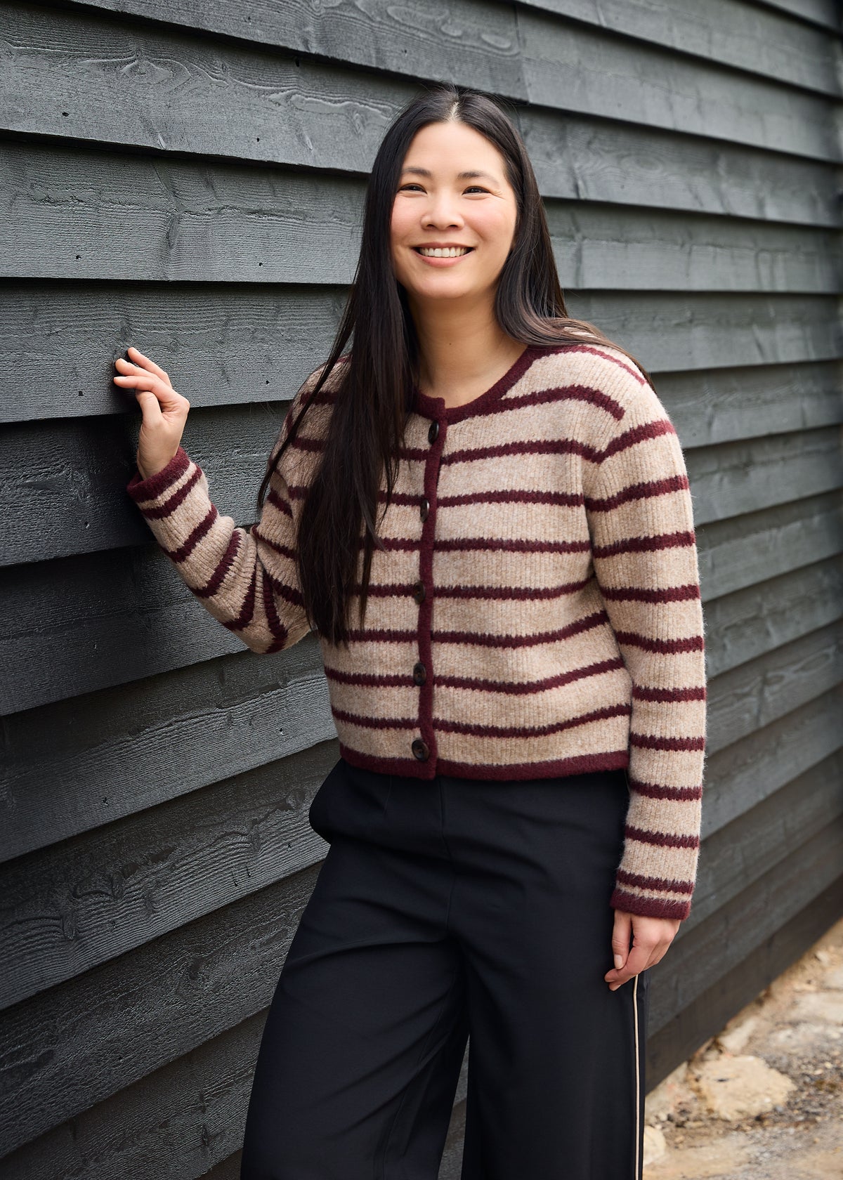 Crew Neck Stripe Cardigan in Mink