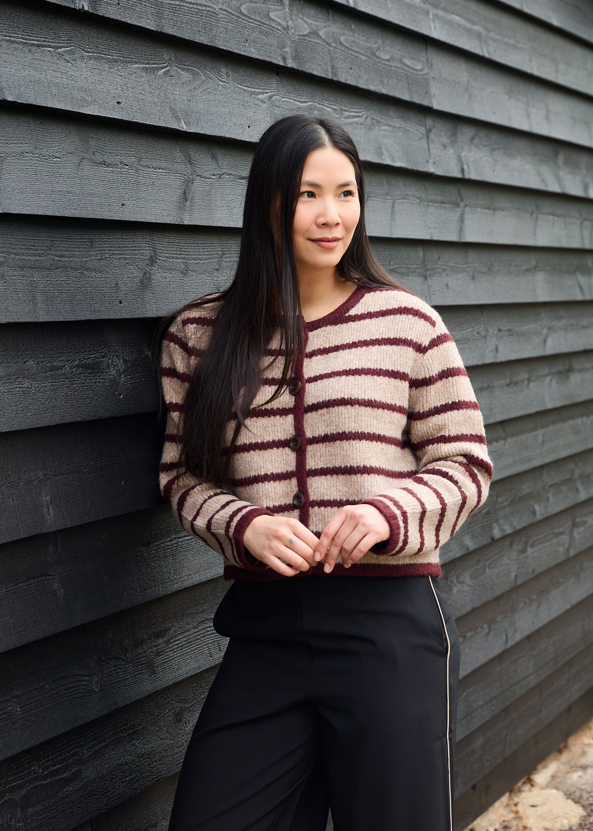 Crew Neck Stripe Cardigan in Mink