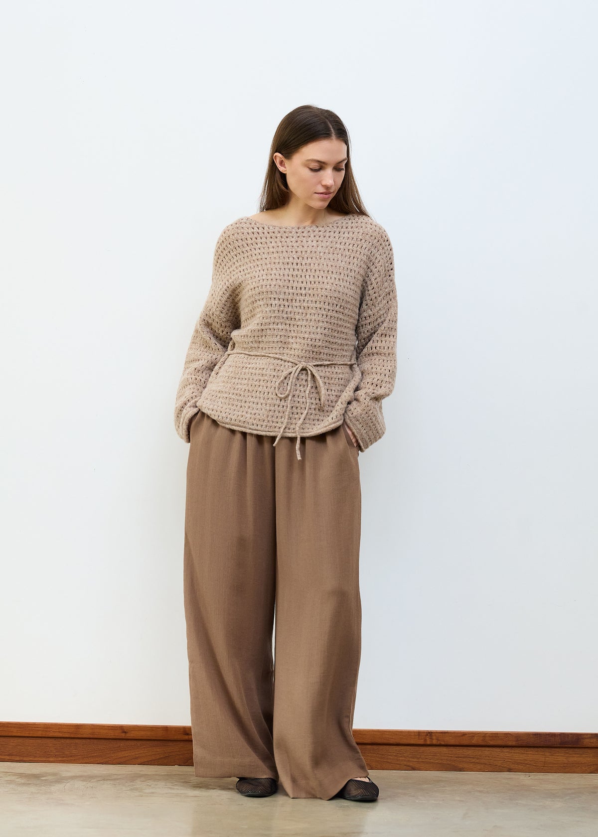 Slash Neck Pointelle Jumper in Mink