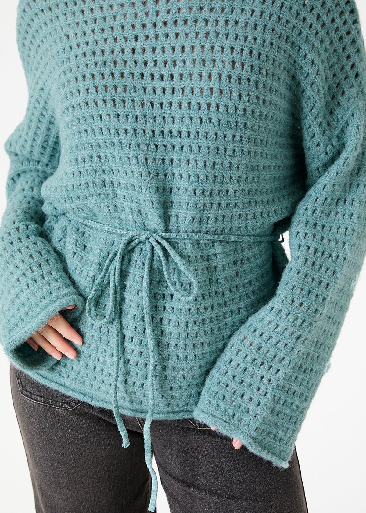Slash Neck Pointelle Jumper in Sea Spray