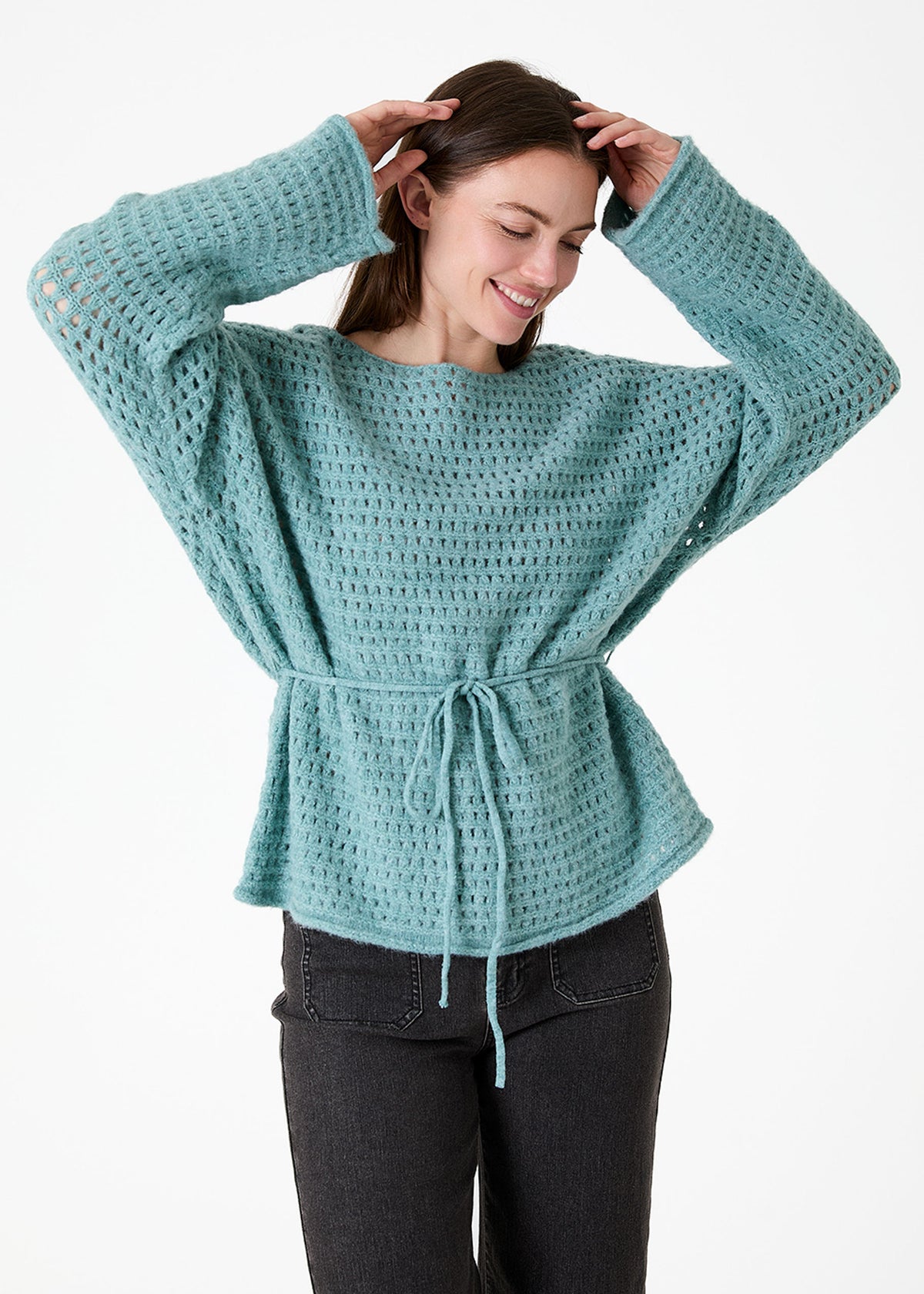 Slash Neck Pointelle Jumper in Sea Spray