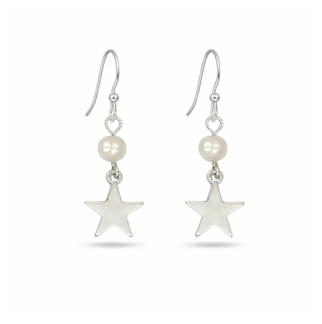 Brushed Star and Natural Pearl Earrings