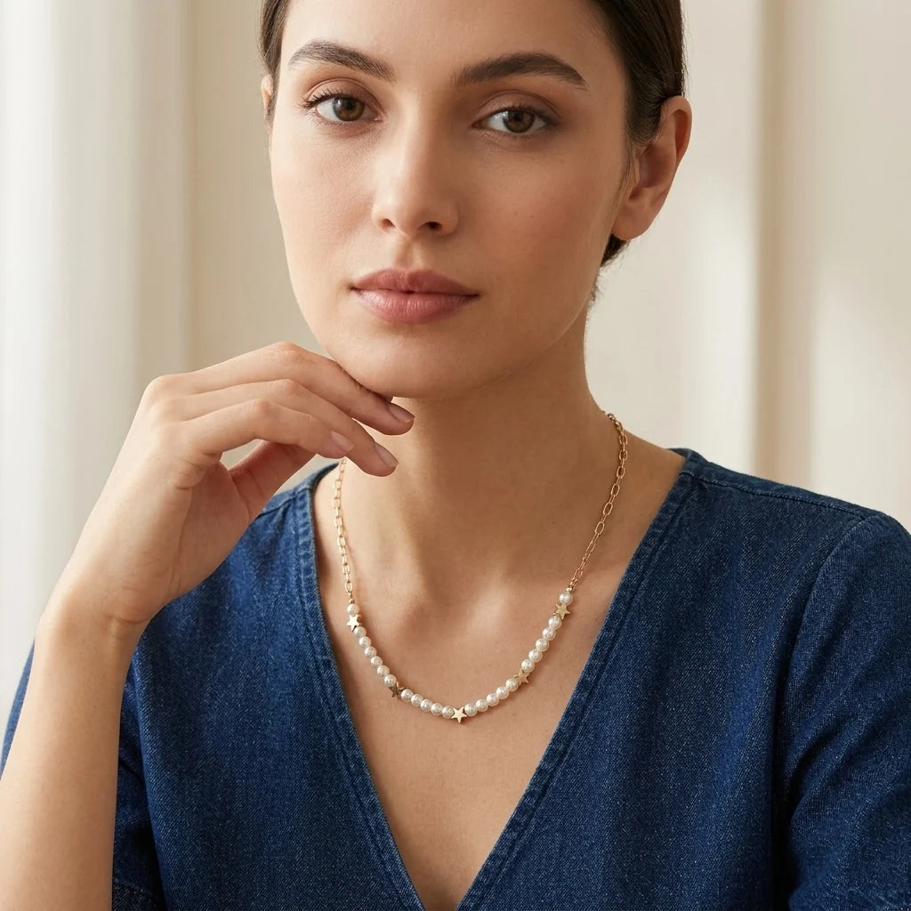 Pearl & Metal star chain Necklace