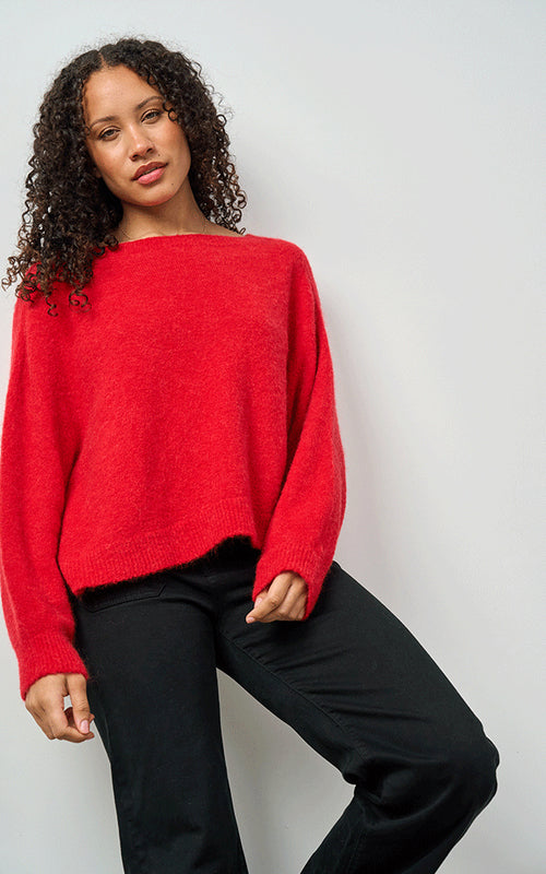 Woman wearing Luella Bettina red alpaca wool blend crew neck jumper with long sleeves