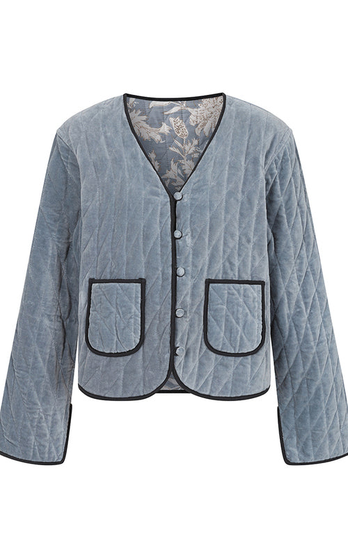 Luella blue quilted velvet reversible jacket with button front, patch pockets and floral printed lining detail