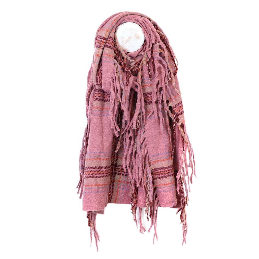 POM Darcie rose pink mix check scarf draped on a mannequin stand against a white background, showing the burgundy, orange and lilac check stripe pattern and dramatic all-over long fringe edge.