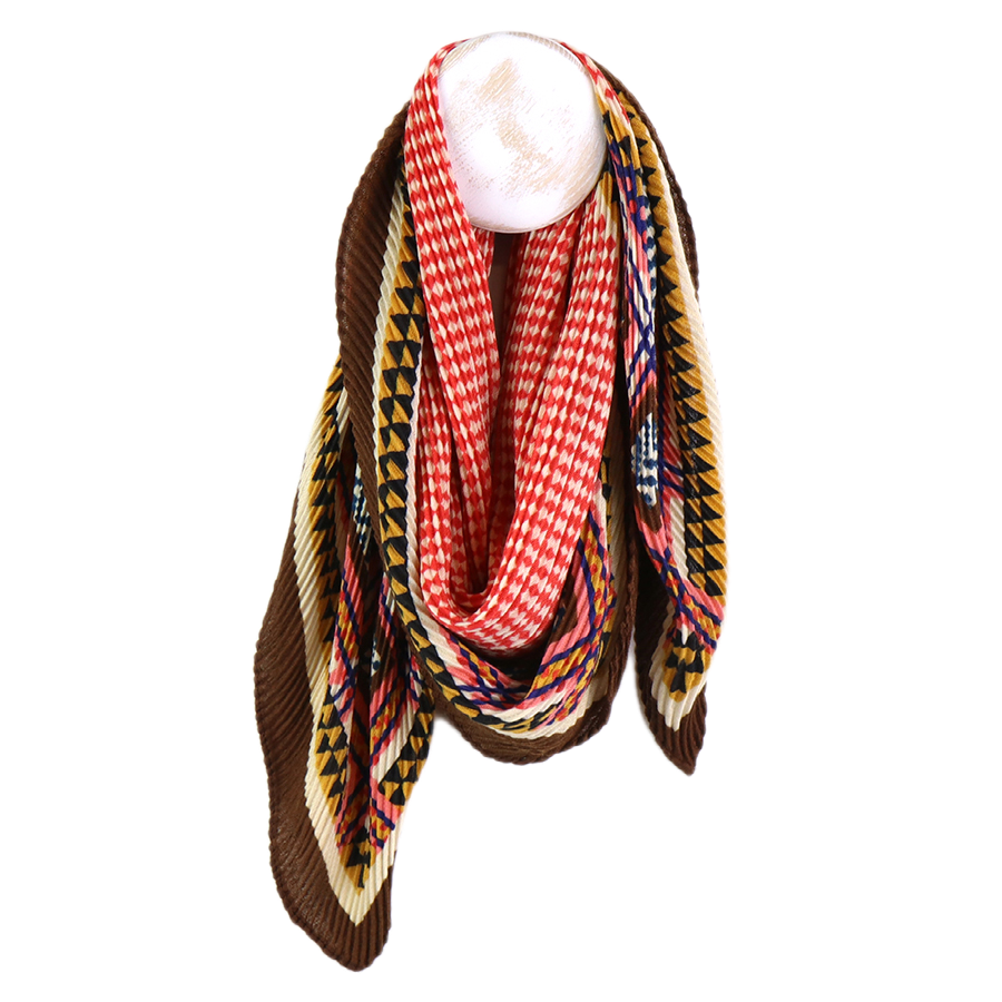 Square brown, coral and mustard mix geometric crinkle scarf