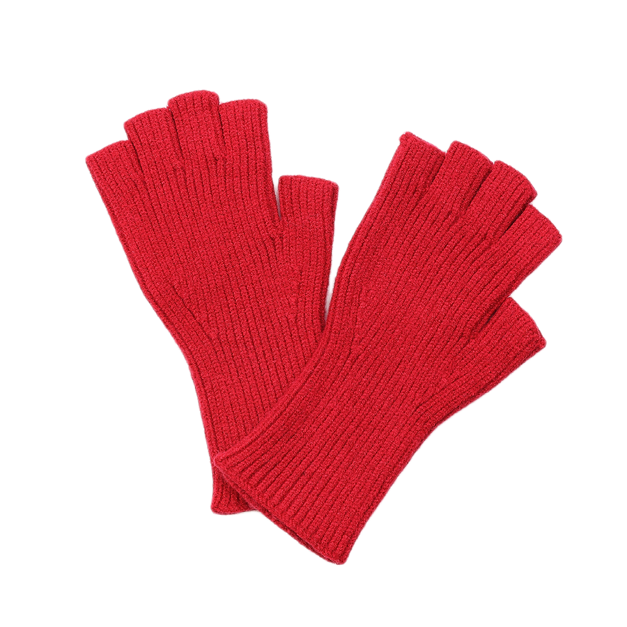 POM rose red fine rib knit fingerless gloves laid flat against a white background, showing the vibrant rose red colour, fine rib knit texture and long wrist coverage with open finger design.