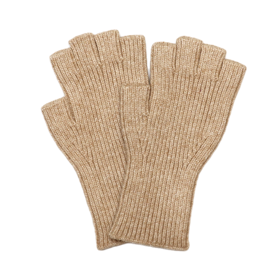 A pair of ribbed knit fingerless gloves in a warm camel beige color, displayed against a solid white background.