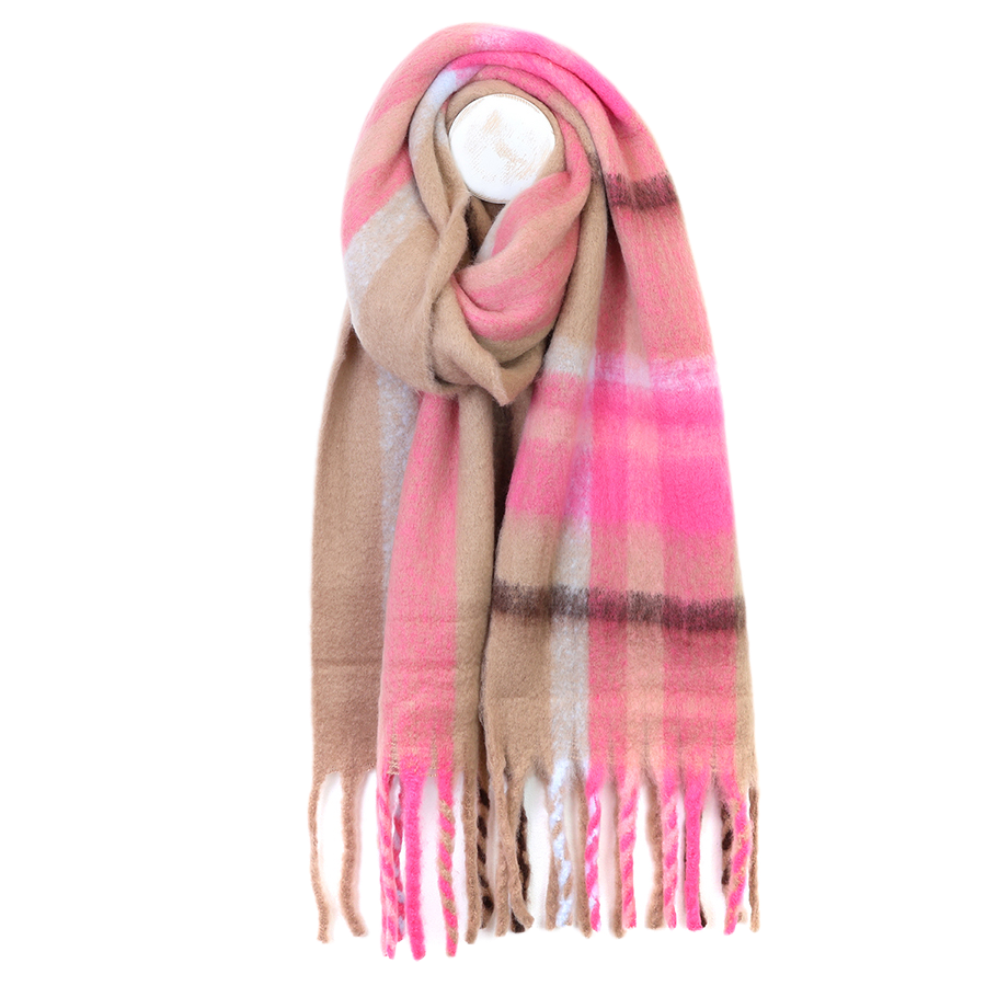POM Molly taupe and pink mix oversized check scarf with tassel ends, looped around a mannequin against a white backgroun