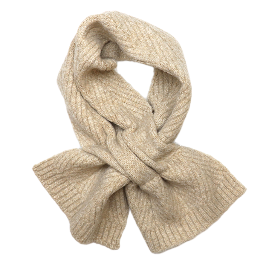 POM Charlotte oatmeal cable and herringbone knit pull-through scarf looped on a white background, showing the textured knit pattern and ribbed ends.