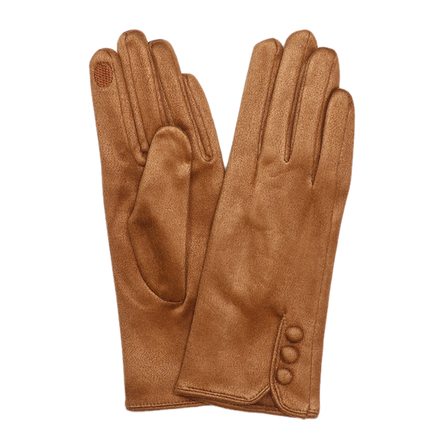 POM Kate tan faux suede gloves laid flat on a white background, showing the three decorative button wrist detail and touchscreen-compatible fingertip.
