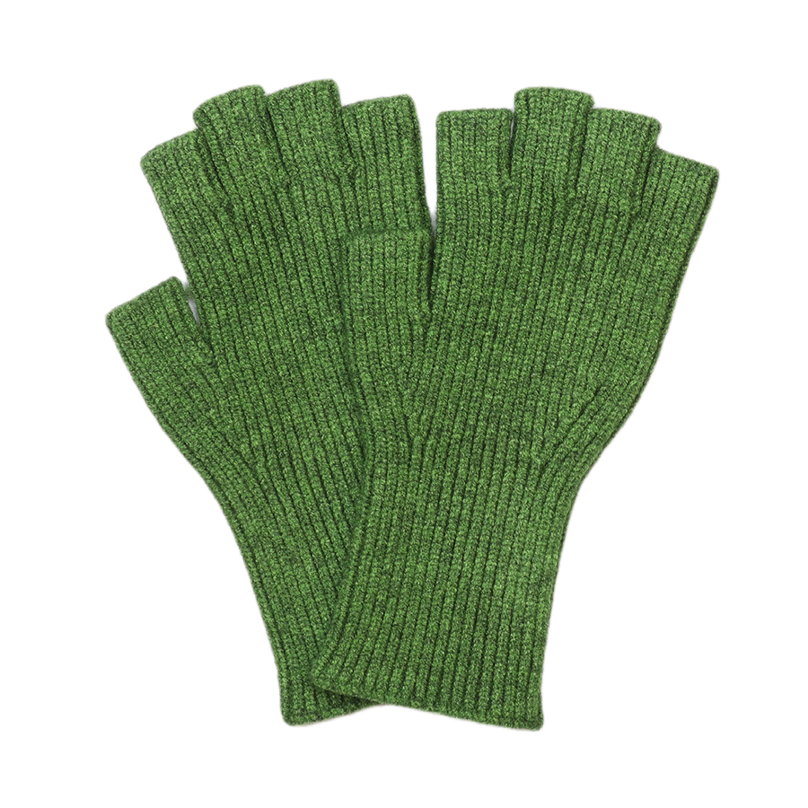 POM Yasmin grass green ribbed fingerless gloves laid flat on a white background, showing the fine rib knit texture and open finger design.