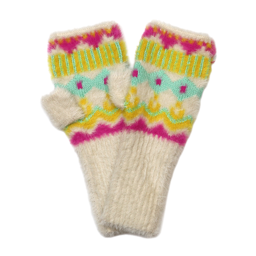 POM Mia neon pattern fluffy knit wristwarmers laid flat on a white background, showing the bold fair isle pattern in hot pink, yellow, mint and white with a cream ribbed cuff.