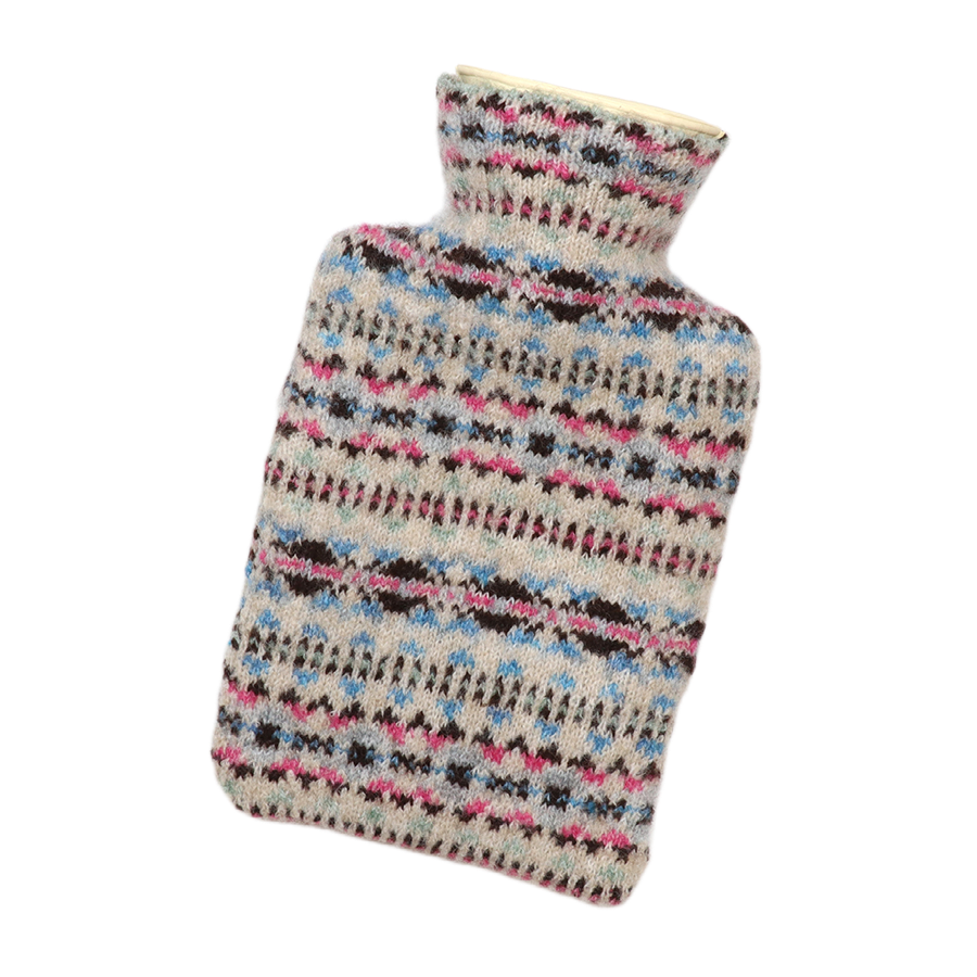 POM Iris mini hot water bottle in a fair isle knit cover in oatmeal, pink, blue and brown with a cream ribbed neck, shown against a white background.