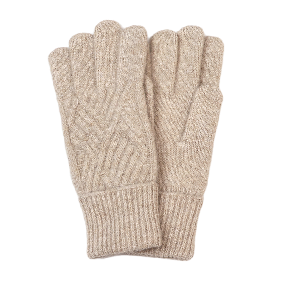 POM Charlotte oatmeal marl recycled blend cable and diagonal rib knit gloves laid flat on a white background, showing the subtle texture and neat ribbed cuff.