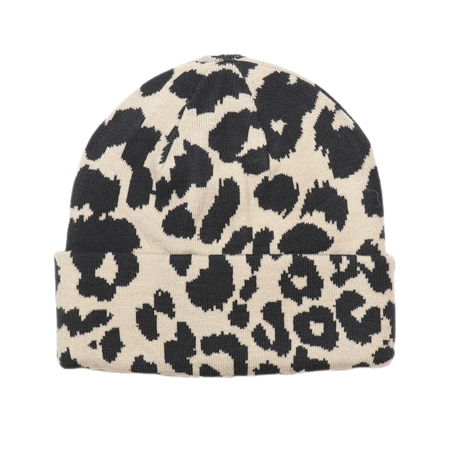 POM Carly oatmeal and black oversized leopard print knitted beanie with wide ribbed turn-up cuff, shown against a white background.