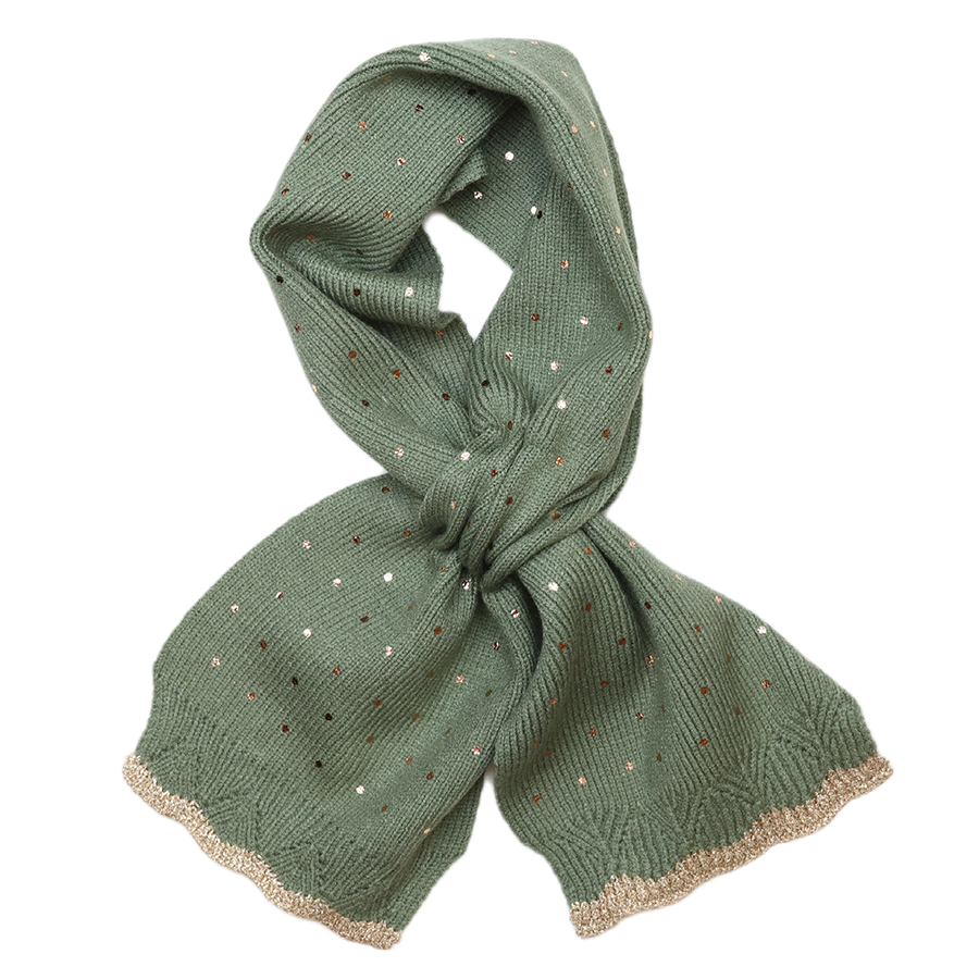 POM Yasmin sage green knitted pull-through scarf looped against a white background, showing the scattered gold and rose gold metallic sequin spots and gold lurex trim edge.