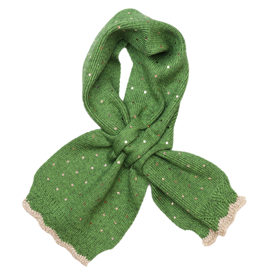 POM Yasmin grass green knitted pull-through scarf looped against a white background, showing the scattered gold and rose gold metallic sequin spots and gold lurex trim edge.