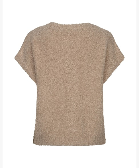 Red Button latte sleeveless boucle knit top back view on a white background, showing the relaxed fit and warm oatmeal latte boucle texture with short cap sleeves.