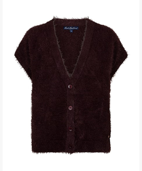 Red Button burgundy sleeveless fuzzy knit cardigan front view on a white background, showing the deep burgundy fuzzy knit texture, V-neckline, button-front fastening and relaxed silhouette with cap sleeves.