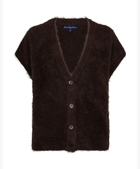 Red Button espresso sleeveless fuzzy knit cardigan front view on a white background, showing the rich dark espresso brown fuzzy knit texture, V-neckline, button-front fastening and relaxed silhouette with cap sleeves.