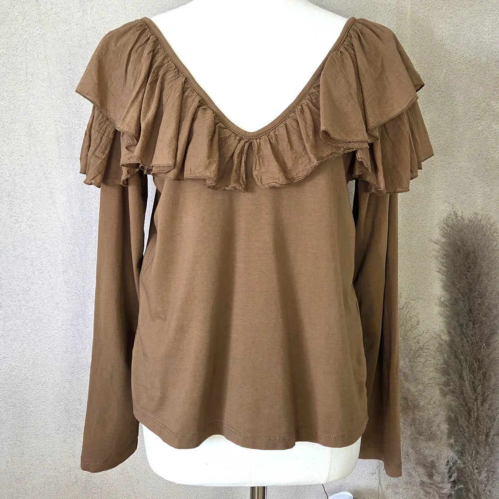 Jersey Fitted Top with Cotton Ruffle in Camel