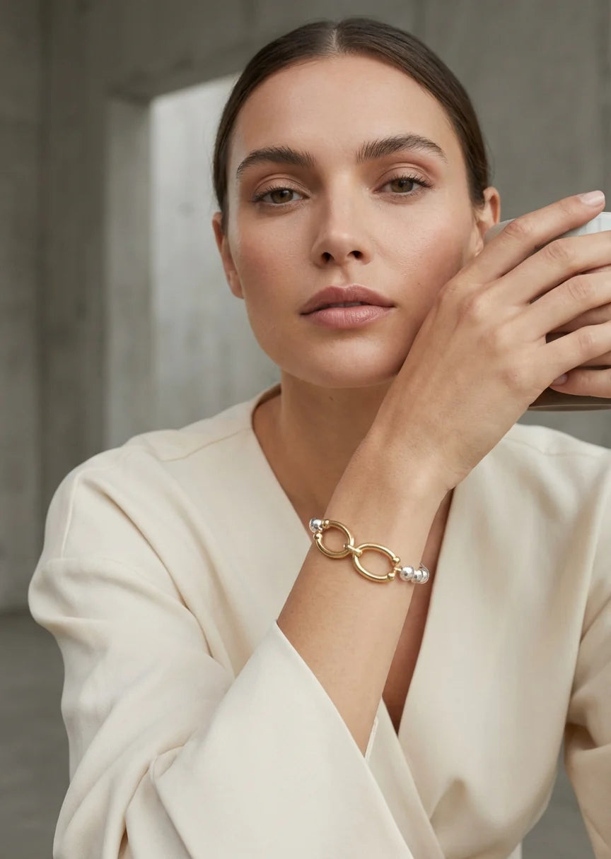 Gold Bead Bracelet with Silver Clasp