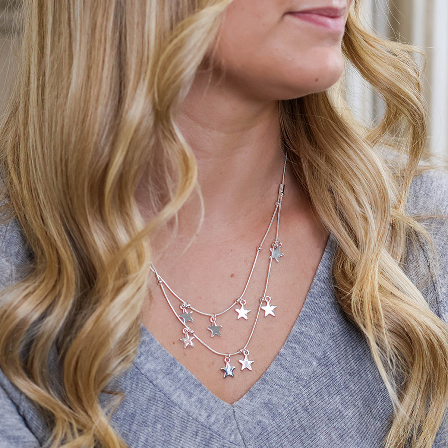 Stardust silver plated double strand star drops necklace