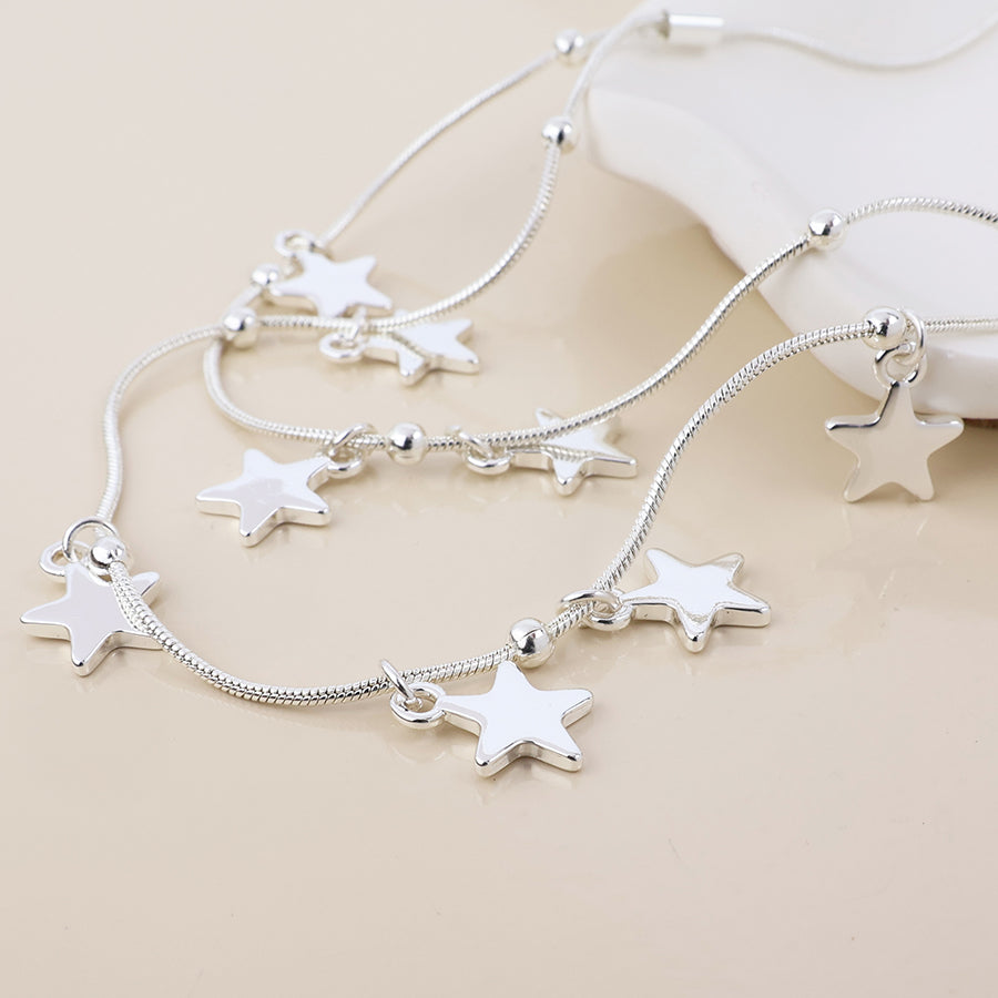 Stardust silver plated double strand star drops necklace