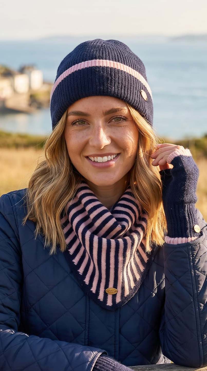 Navy Fingerless Gloves with Pink Border