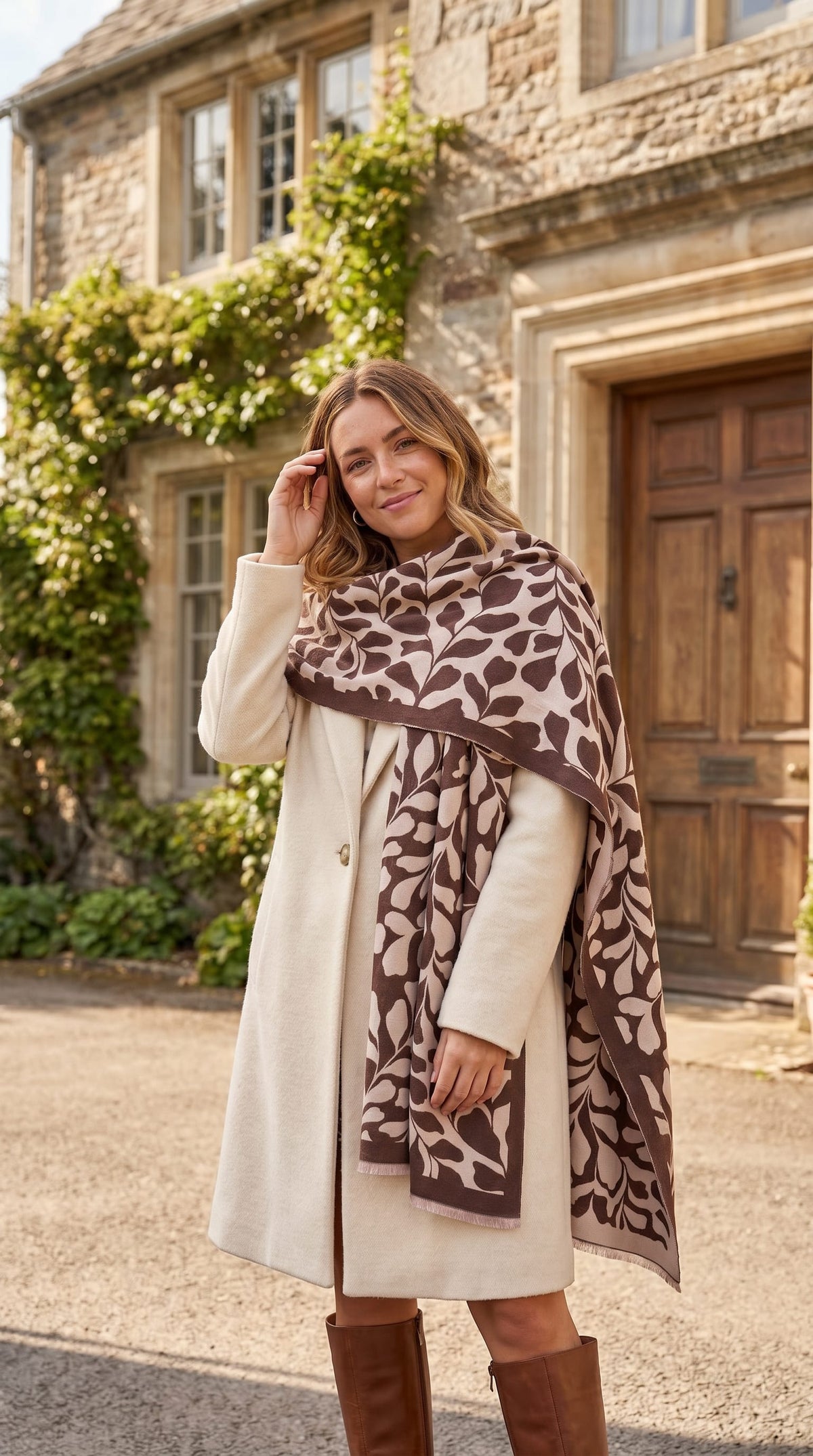 Wrap/Scarf with a Chocolate Fig leaf Print