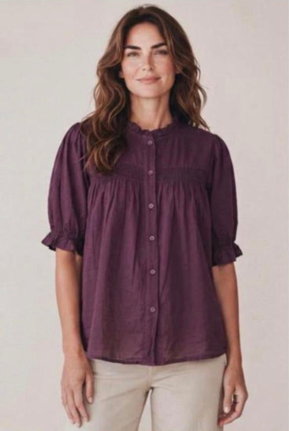 Button Cotton Blouse in Wine