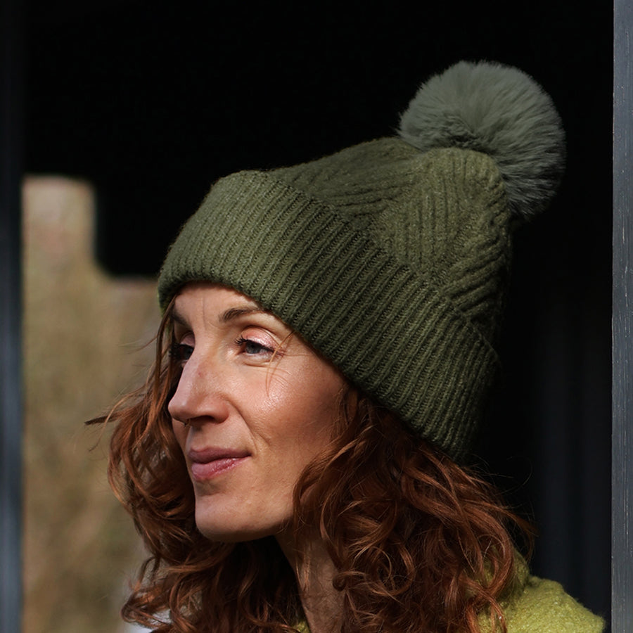 Charlotte moss green herringbone bobble hat