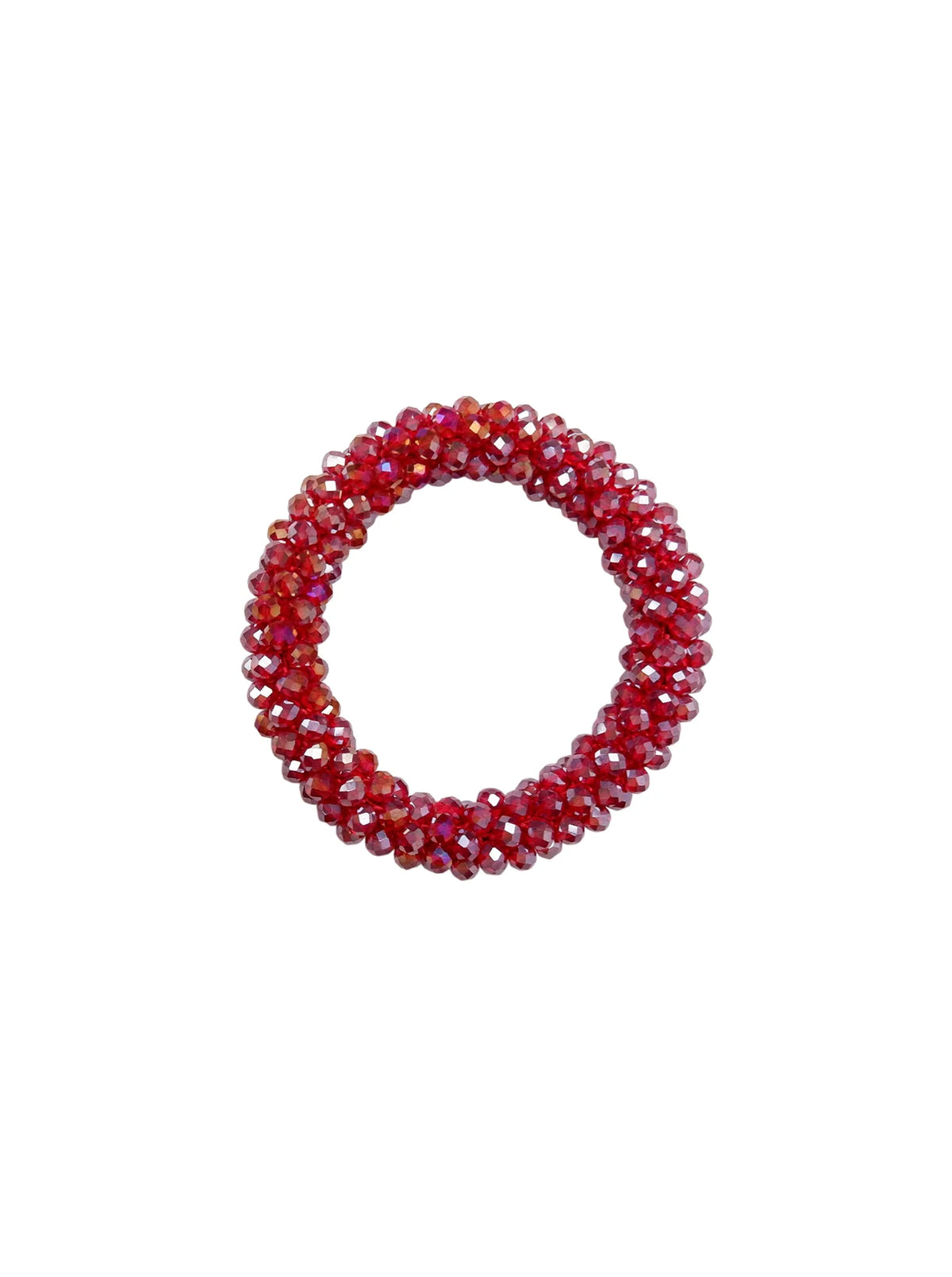 Black Colour BCNANNA single beaded stretch bracelet made of small faceted red beads, photographed on a plain white background.